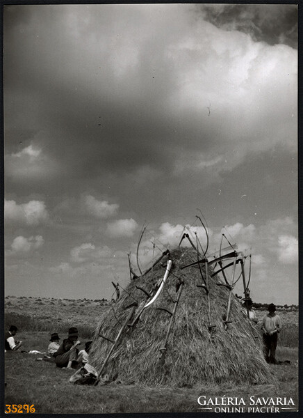 Larger size, photo art work by István Szendrő. Resting peasants in the field, harvest