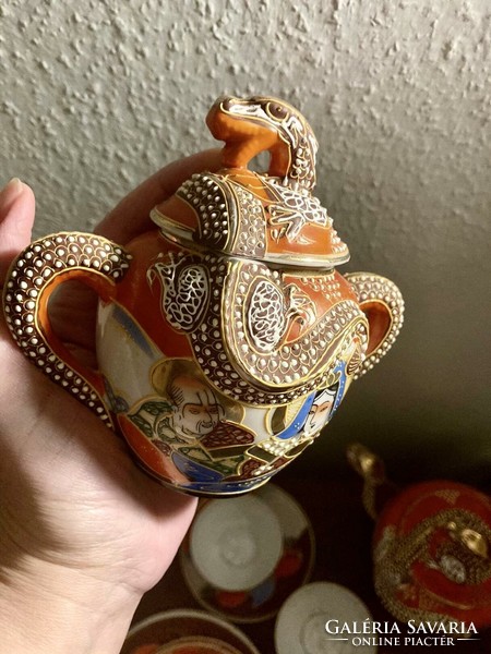 Satsuma Nippon Tokusei Dragonware japán tojáshéj litofán porcelán teás kávés készlet 1920