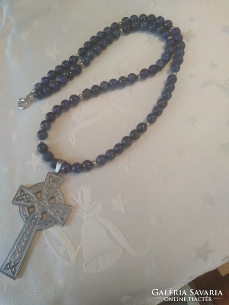 Lapis lazuli chain with silver clasp and buttons. Large Celtic cross.