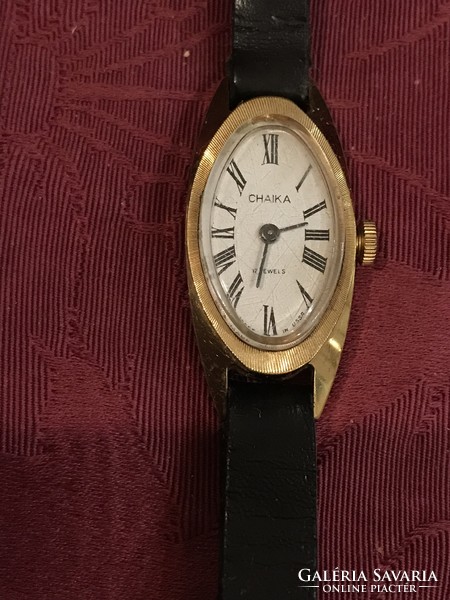 Chaika ussr 10/micron gold-plated women's watch with black strap