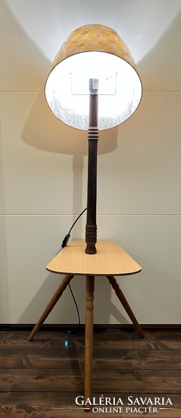 Old retro mid-century industrial floor lamp with 3-legged folding table - floor lamp