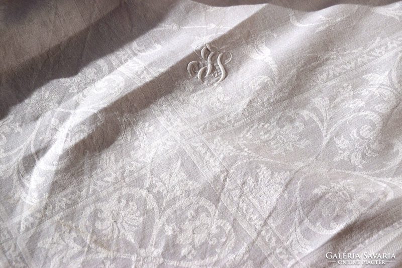 Rarity old antique large bird damask monogram tablecloth tablecloth tablecloth art deco 153 x 153 cm