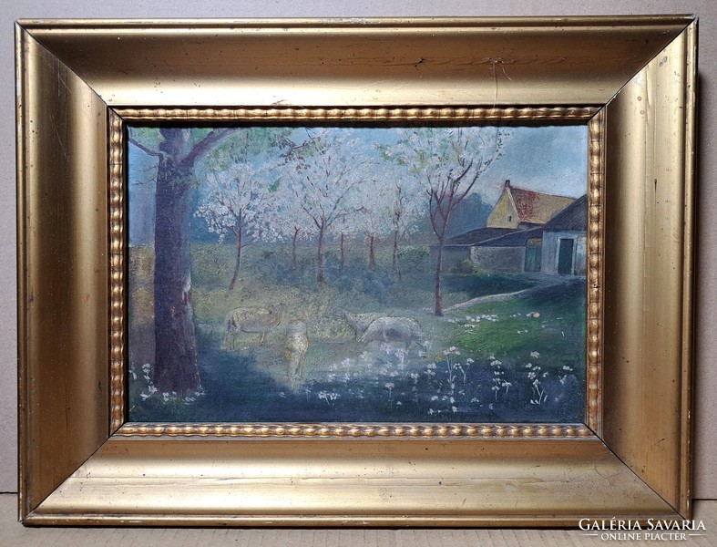 Grazing lambs (old oil painting in frame)