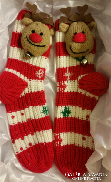 Régi rénszarvasos karácsonyi kötött zokni, karácsonyi dekoráció