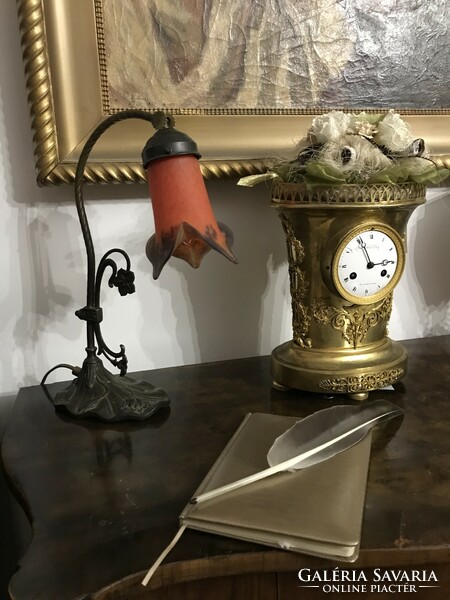 Art nouveau Luneville francia savmart üvegbúrás bronztalpas asztali lámpa