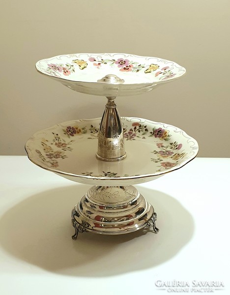 Zsolnay cake stand with Viennese silver (800) base, hand-painted butterfly, center of the table