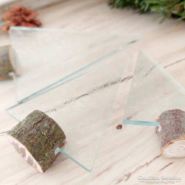 Jégvirágos üveg karácsonyfa 3 darabos készlet fa talpban
