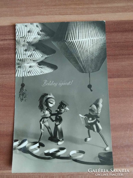 Régi ÚJÉVI képeslap, fekete-fehér, 1961