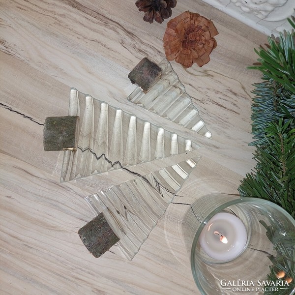 Modern wavy translucent glass Christmas tree set of 3 in a wooden base