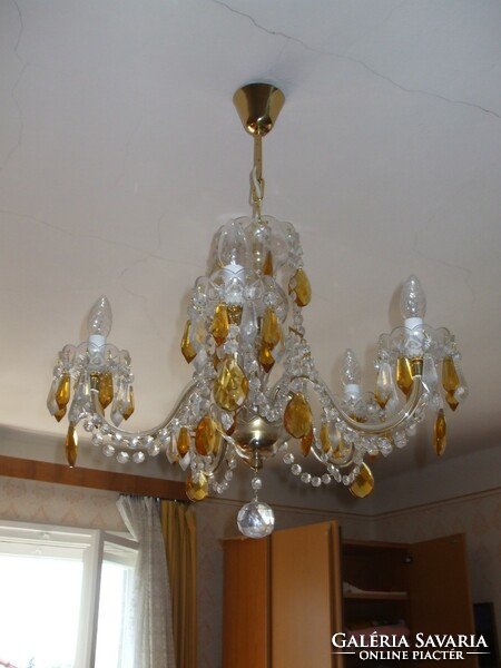 Special! Wonderful 5-branch crystal chandelier with colorful decoration, material crystal, yellow copper handle