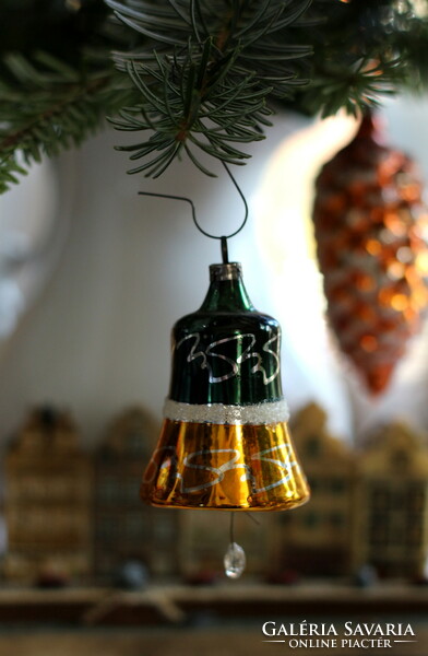 Francia üveg karácsonyfa dísz, kézzel festett harang nyelvvel, gyűjteményes darab