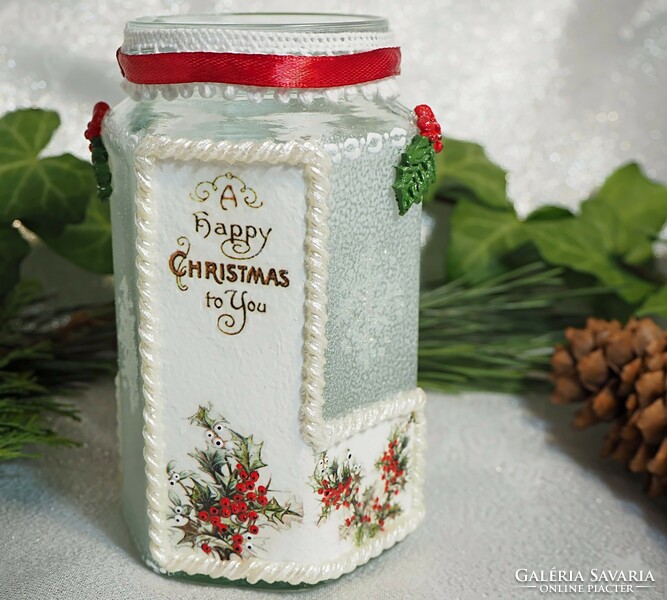 Kézműves karácsonyi mécsestartó üveg magyal díszítésű