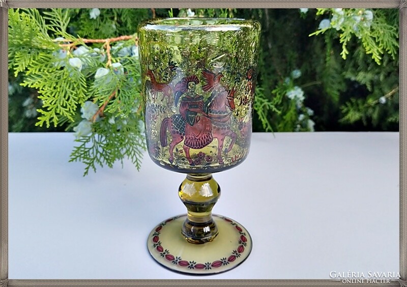 Large blown-torn hand-made scene glass goblet with a base