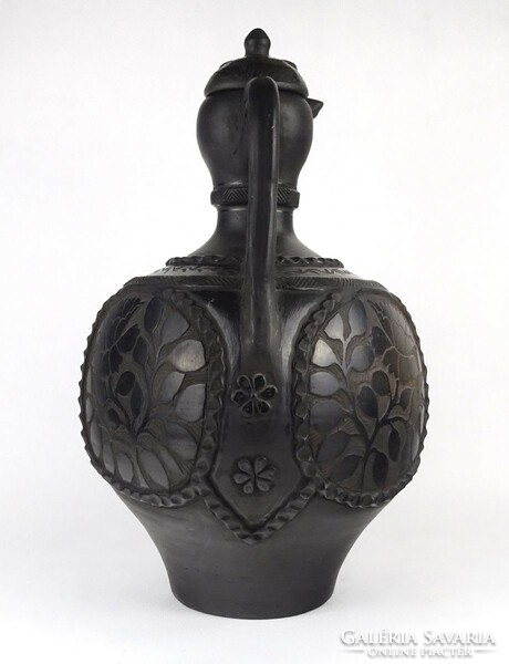 1P577 beautiful Karda Imre black ceramic jug with ram's head raven decoration 46.5 Cm