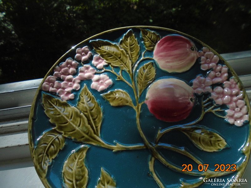 19th French majolica wall plate with embossed peach flower and fruit patterns