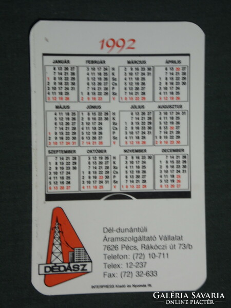 Card calendar, Dédás electricity supplier, voltage pole, 1992, (3)