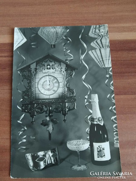 Old New Year's card, champagne, black and white