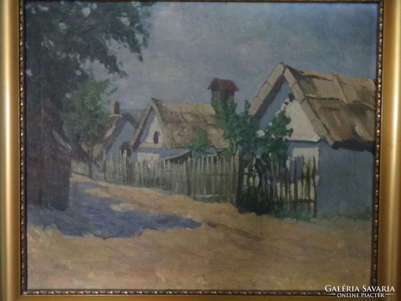 Hangulatos falusi utca - jelzett olajfestmény, 60 x 50 cm