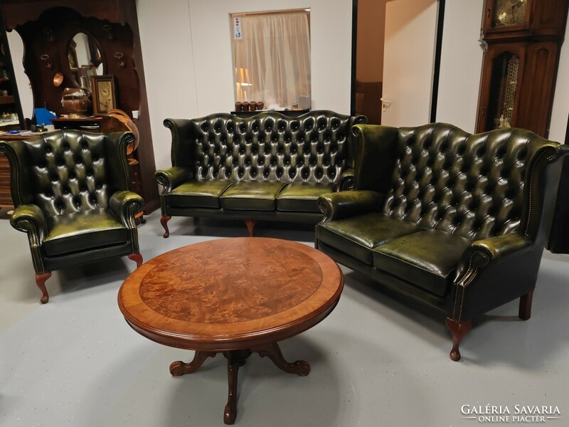 Original English eared antique chesterfield leather sofa set 3-2-1 in perfect new condition