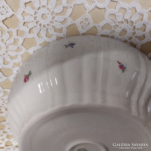 Zsolnay porcelán kisvirágos pogácsás tál piros széllel, falra akasztható