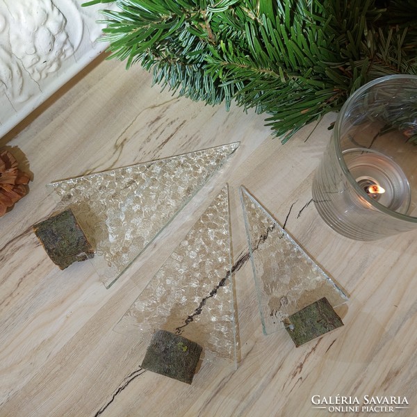 Áttetsző katedrál üveg karácsonyfa 3 darabos készlet fa talpban