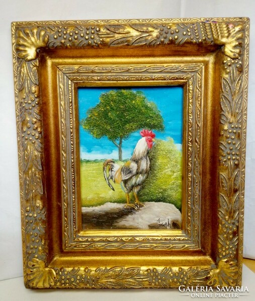 Portrait of the king of the poultry yard is a modern realistic style painting framed on a board