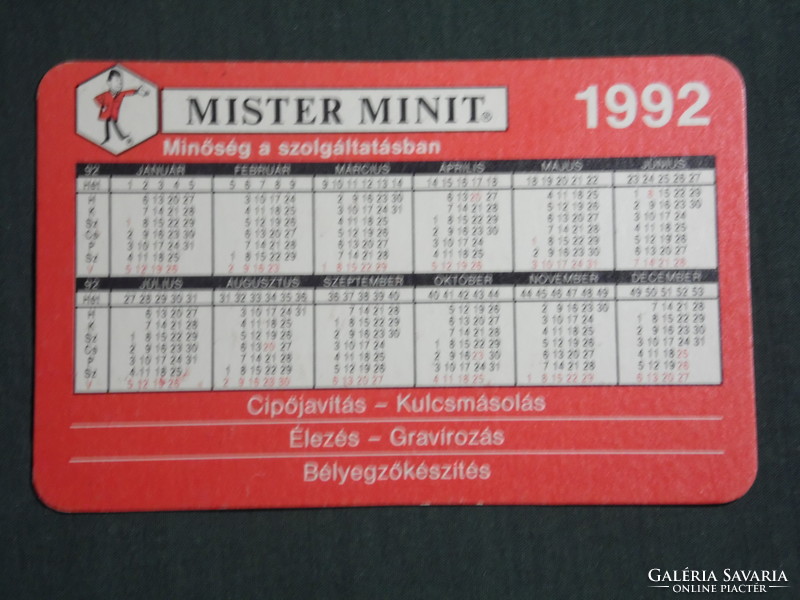 Kártyanaptár, Mister Minit cipőjavítás, kulcsmásolás, grafikai rajzos,reklám figura, 1992,   (3)