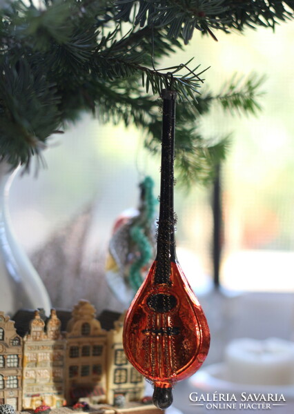 Antik belga üveg karácsonyfa dísz, mandolin, gyűjteményes darab