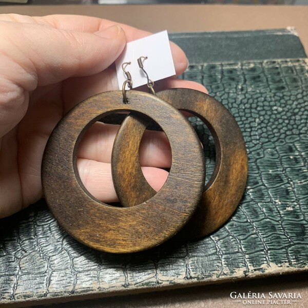 Large wooden earring hoop, 6.3 cm diameter - bronze color with hanger, wooden jewelry,