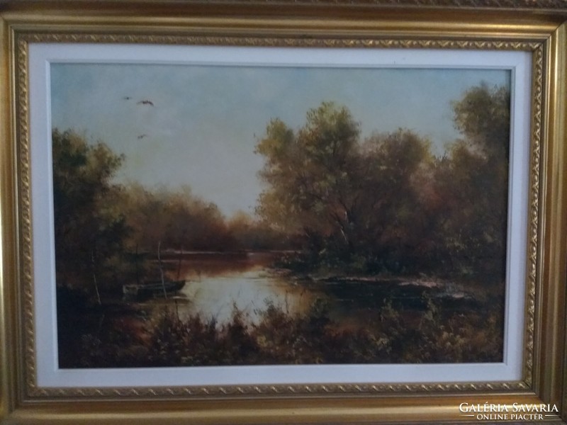 Jenő Bóna - autumn waterfront - oil painting