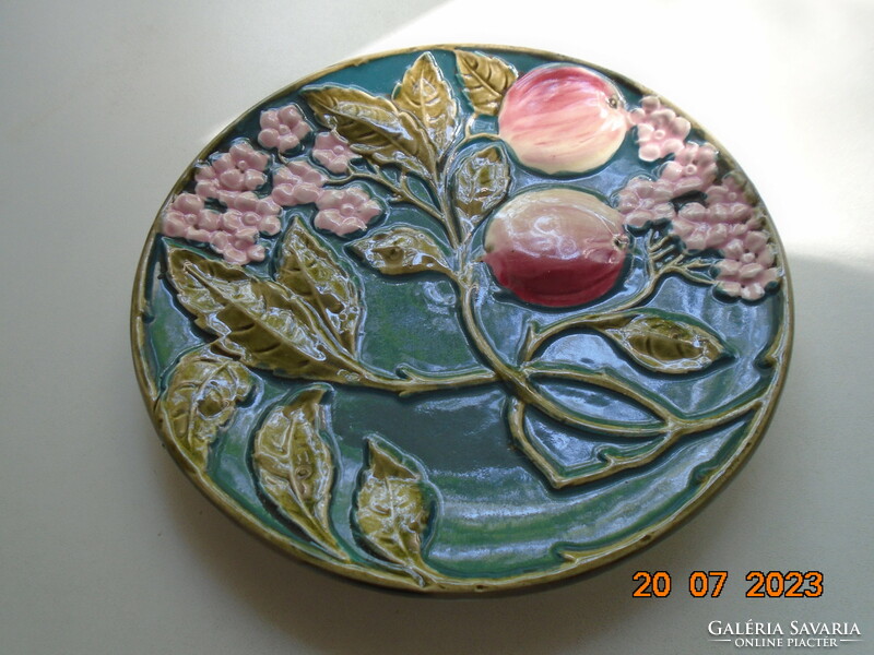 19th French majolica wall plate with embossed peach flower and fruit patterns