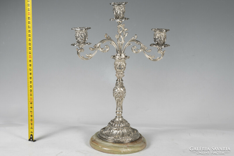 Silver neo-rococo style 3-branch candle holder with marble base