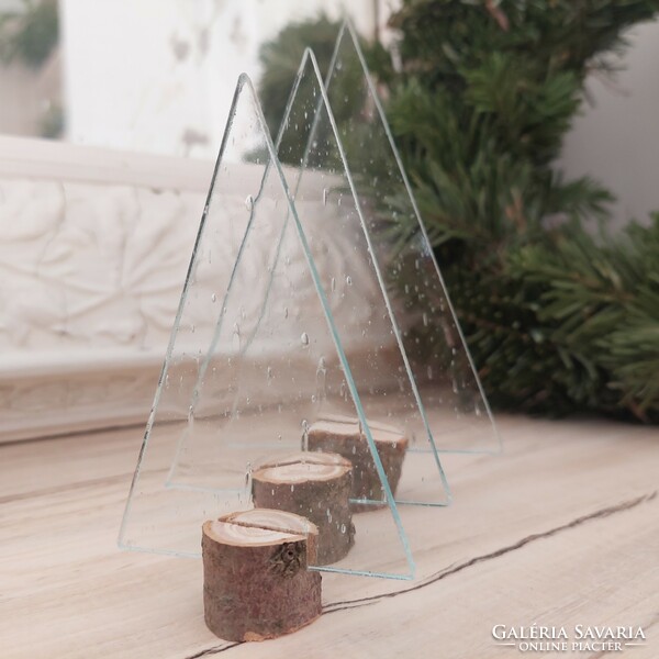 Modern small bubble pattern translucent glass Christmas tree set of 3 in a wooden base