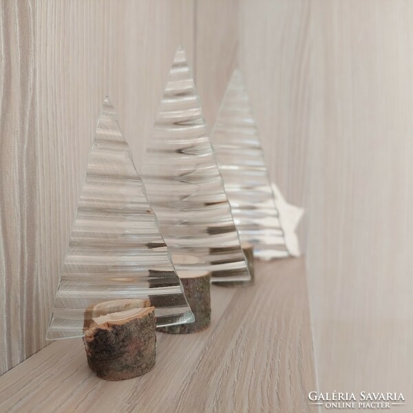 Modern hullámos áttetsző üveg karácsonyfa 3 darabos készlet fa talpban