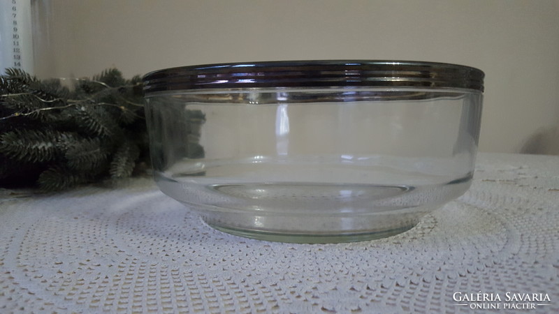 Old heavy glass bowl with silvered metal rim, serving bowl, salad bowl