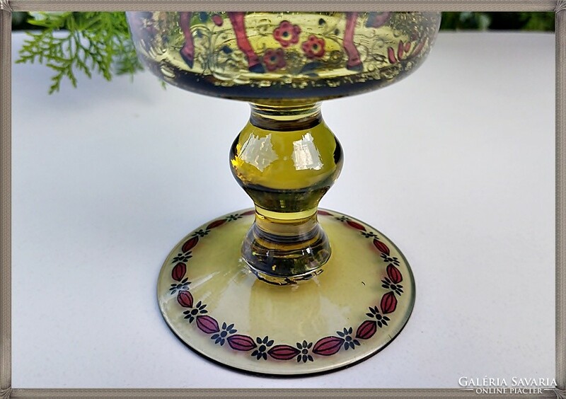 Large blown-torn hand-made scene glass goblet with a base