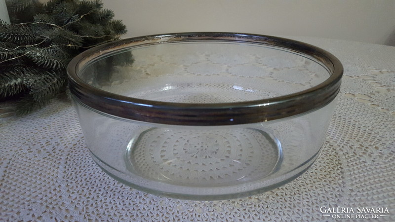 Old heavy glass bowl with silvered metal rim, serving bowl, salad bowl