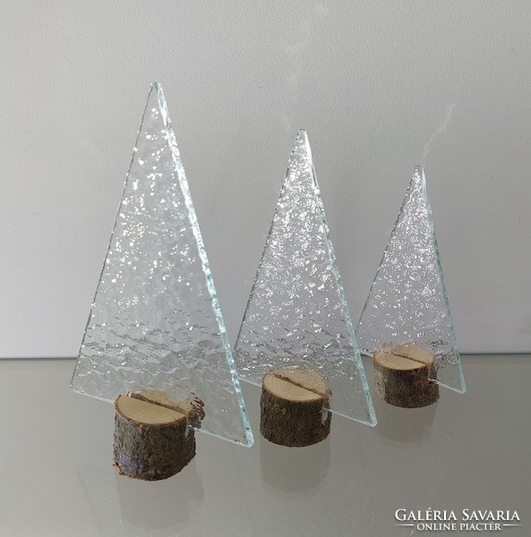 Áttetsző katedrál üveg karácsonyfa 3 darabos készlet fa talpban