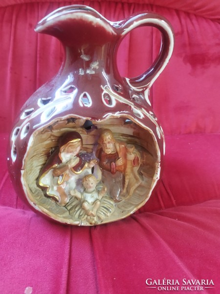 Ceramic candle holder for sale! Beautiful, pitcher-shaped nativity scene candle holder for sale!