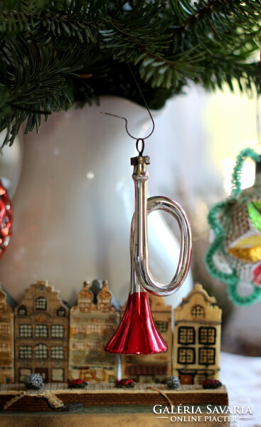 Antique Belgian glass Christmas tree ornament, trumpet, hand painted, collector's item
