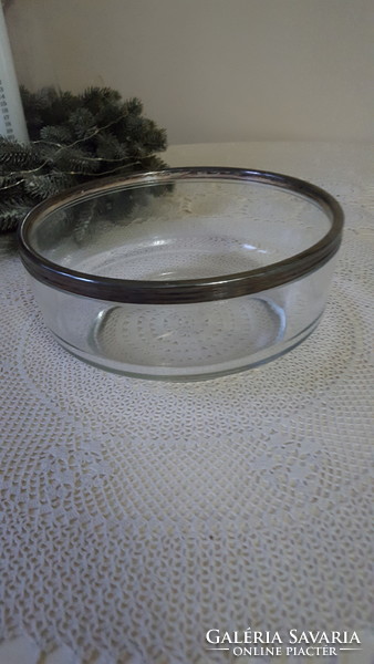 Old heavy glass bowl with silvered metal rim, serving bowl, salad bowl