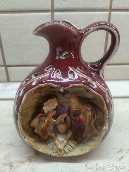 Ceramic candle holder for sale! Beautiful, pitcher-shaped nativity scene candle holder for sale!