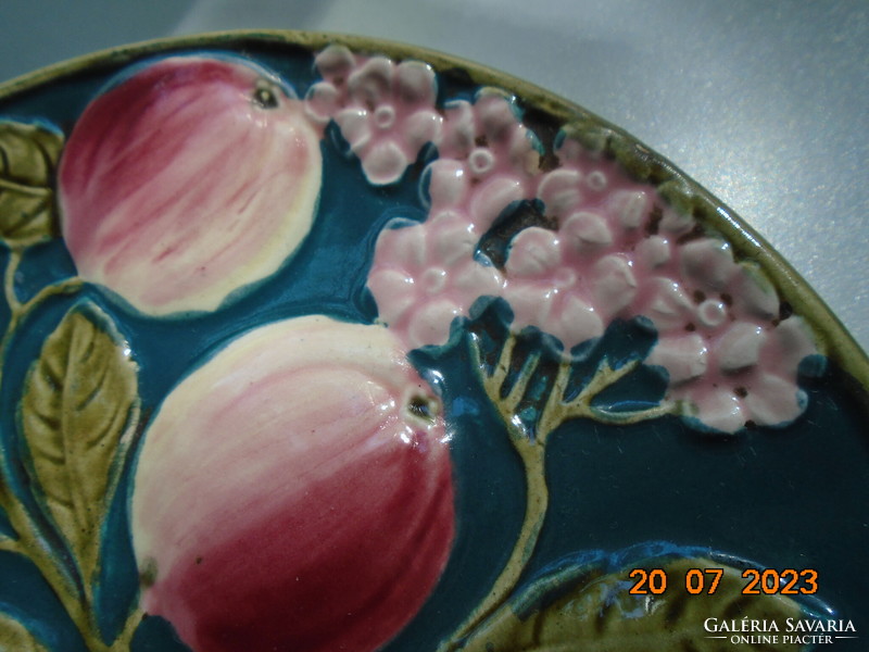 19th French majolica wall plate with embossed peach flower and fruit patterns