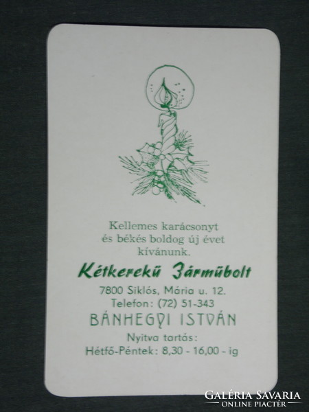 Card calendar, two-wheeled vehicle shop, car shop, István Bánhegyi, skier, holiday, 1993, (3)