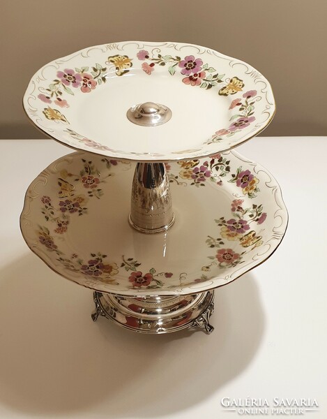 Zsolnay cake stand with Viennese silver (800) base, hand-painted butterfly, center of the table
