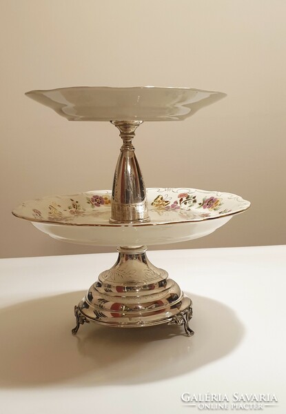 Zsolnay cake stand with Viennese silver (800) base, hand-painted butterfly, center of the table