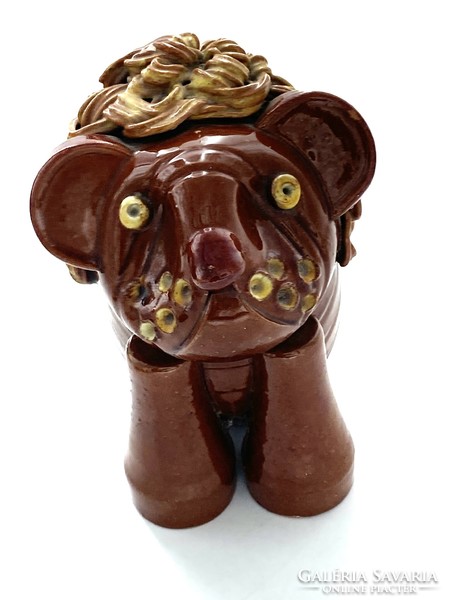 Gyula Kovács: glazed ceramic lion, marked, 1970s