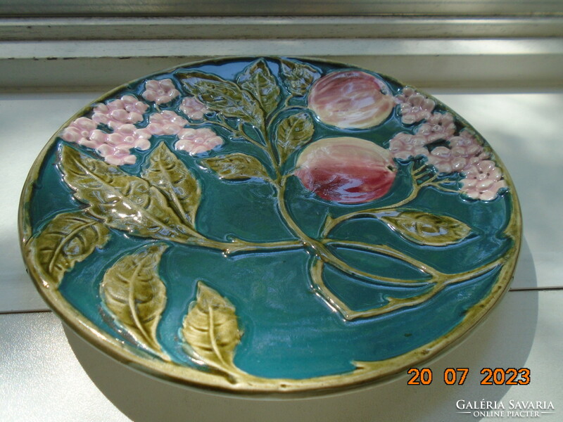 19th French majolica wall plate with embossed peach flower and fruit patterns