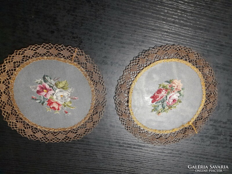 Antique tapestry tablecloth with lace edge, rose pattern 2 pieces in one