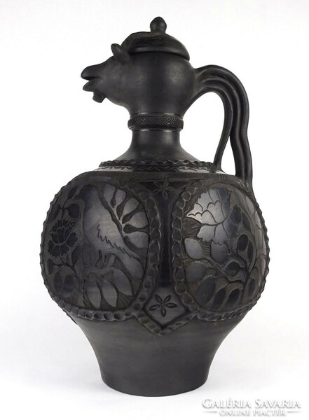 1P577 beautiful Karda Imre black ceramic jug with ram's head raven decoration 46.5 Cm